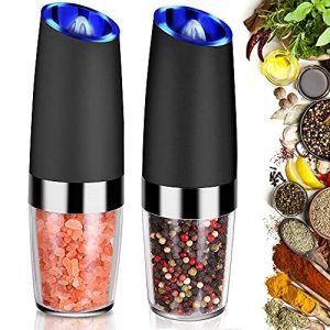 YAYAYOUNG Gravity Electric Grinder set of 2,Automatic Pepper and Salt Mill Grinder with Blue LED LIGHT,Electric Pepper Mill with Adjustable Coarseness,Refillable,salt and pepper shaker,pepper grinder