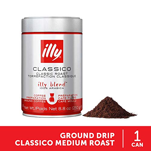 illy Classico Ground Drip Coffee, Classico Medium Roast, Classic Roast with Notes of Chocolate & Caramel, 100% Arabica Coffee, All-Natural, No Preservatives, 8.8 Ounce (Pack of 1)