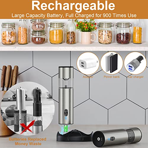 Rechargeable Salt and Pepper Grinder Set, Frapow 2 Mills Electric Spice Grinder with LED Light, Battery and Charging Base, Stainless Steel