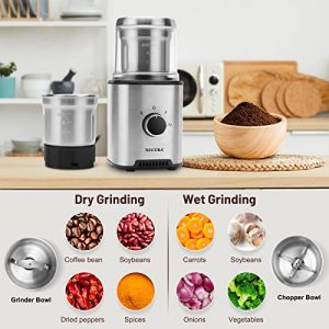 Secura Coffee Grinder Electric, Spice Grinder Electric, Coffee Bean Grinder, Dry & Wet Grinders for Spices, Herbs, Nuts, Grains with 2 Stainless Steel Blades Removable Bowls