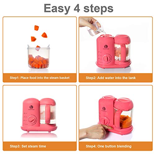 Ventray Baby Food Maker, Puree Food Processor Steamer Blender Cooker Warmer Machine for Baby Toddler, All-in-one Auto Cooking Easy Clean and BPA-Free - Pink