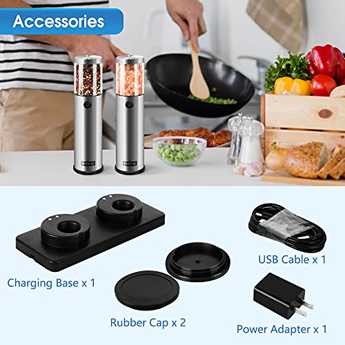PRIME, Electric Salt and Pepper Grinder Set, 2 Mills, Rechargeable, With Charging Base, USB Cable, Power Adapter, Automatic Tact Switch Operation, Adjustable Coarseness, Stainless Steel (Ver. 2.2)