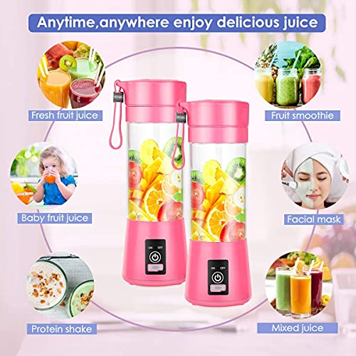 Portable Blender, Personal Blender with USB Rechargeable Mini Fruit Juice Mixer,Personal Size Blender for Smoothies and Shakes Mini Juicer Cup Travel 380ML(Pink)