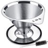 Pour Over Coffee Dripper Stainless Steel LHS Slow Drip Coffee Filter Metal Cone Paperless Reusable Single Cup Coffee Maker 1-2 Cup With Non-slip Cup Stand and Cleaning Brush