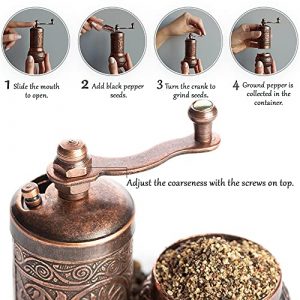 Decorative Black Pepper Grinder, Refillable Turkish Spice Mill with Adjustable Coarseness, Manual Pepper Mill with Handle, Spice Grinder Metal with Hand Crank, Copper
