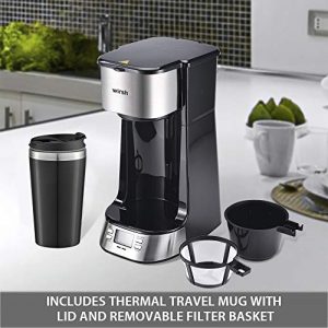 Single Serve Coffee Maker- Wirsh Coffee Maker with Programmable Timer and LCD display, Single Cup Coffee Maker with 14 oz.Travel Mug and Reusable Filter, Black