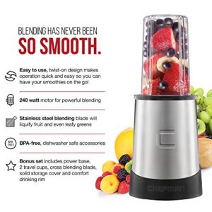 Chefman Personal Ultimate Kitchen Blender, Quick Portable Blending of Shakes, Smoothies, Baby Food & Juice, 2 Travel Cups, Cover & Drinking Rim, 6-Piece Set, Dishwasher-Safe Stainless-Steel Blade