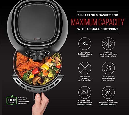 Chefman TurboFry 3.6 Quart Air Oven w/Dishwasher Safe Basket and Dual Control Temperature, 60 Minute Timer & 15 Cup Capacity, BPA-Free, Matte Black, Healthy Frying Cookbook Included, 3.5 Liter