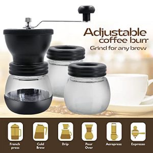 Manual Coffee Grinder, Ceramic Conical Burr Mill, Two Glass Jars, Drip Coffee, Espresso, French Press, Lightweight and Durable, Perfect for Home, Office and Travelling