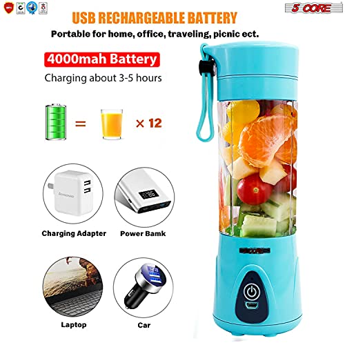 Portable Blender Personal Size Blender USB 4000 mAh Rechargeable with 6 Blades for Shakes and Smoothies, Mini Blender with 380ML Juicer Cup 5 Core PB 01 (Sky Blue)