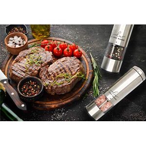 PEPPER GRINDER MILL, ELECTRIC SALT AND PEPPER GRINDER (2PCs), AUTOMATIC SALT AND PEPPER GRINDER SET, SALT AND PEPPER SHAKERS ELECTRIC, PEPPER CANNON, BATTERY OPERATED, WITH LED LIGHT & WOODEN STAND