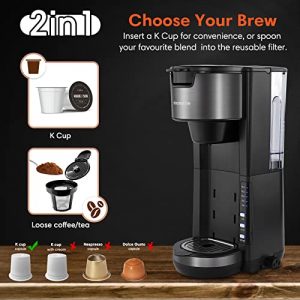 Coffee Maker with Milk Frother, 2 In 1 Single Serve Coffee Machine for K Cup Pod and Ground Coffee, Fast Brew Compact Cappuccino Latte Machine Single Cup Brewer with 30 oz Detachable Reservoir, Black