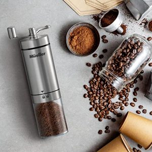 Mueller Manual Coffee Grinder Adjustable Ceramic Conical Burr Mill, Whole Bean Heavy Duty Burr Coffee Grinder for French Press/Turkish Brew, Stainless Steel Coffee Bean Grinder, Acrylic Container