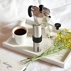 Manual Coffee Grinder Set, Adjustable Ceramic Core, Premium Stainless Steel, Portable Best Burr Mill with Free Handheld Milk Foam Maker Wand by Vina, Scoop & Pouch Bag included