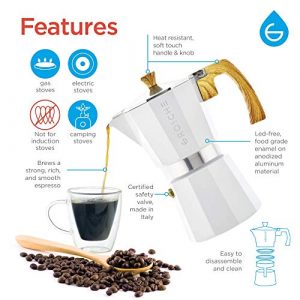 GROSCHE Milano Stove top espresso maker (3 espresso cup size 5 oz) White, and battery operated milk frother bundle for lattes