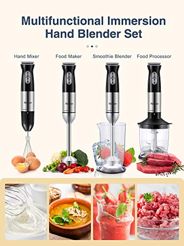 Hand Blender, Handheld Blender Electric, 5-in-1 Multifunctional Immersion Blender, 12 Speed and Turbo Mode, Stainless Steel Blade with Whisk, Chopper/Grinder Bowl and Beaker/Measuring Cup, by Yabano (4 in 1)