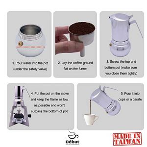Début Stainless Steel Italian Espresso Coffee Maker Stovetop Moka Pot Greca Coffee Maker Latte Cappuccino Percolator, 4 Espresso Cup - 6.7 Oz