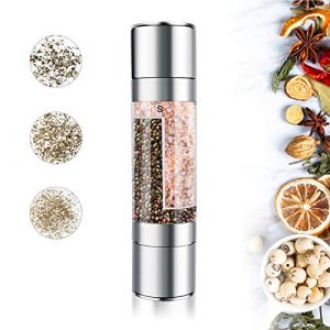 Mixoo Salt and Pepper Grinder - 2 in 1 Manual Stainless Steel Salt Pepper Mill Herb Spice Grinder Shakers Refillable with Adjustable Coarseness Ceramic Rotor and Dual Clear Acrylic Chamber