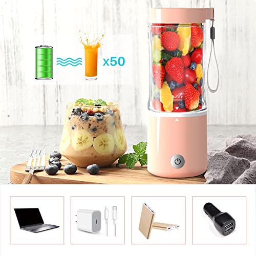 Portable Blender for Shakes and Smoothies APPARETE 420ml Personal Mini Blender Bottles Handheld Smoothie Juicer Cup Makers with 4000mAh Rechargeable & 6 3D Blades for Home Travel Office Sport… (pink)