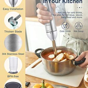 Hand Blender, Handheld Blender Electric, 5-in-1 Multifunctional Immersion Blender, 12 Speed and Turbo Mode, Stainless Steel Blade with Whisk, Chopper/Grinder Bowl and Beaker/Measuring Cup, by Yabano (4 in 1)