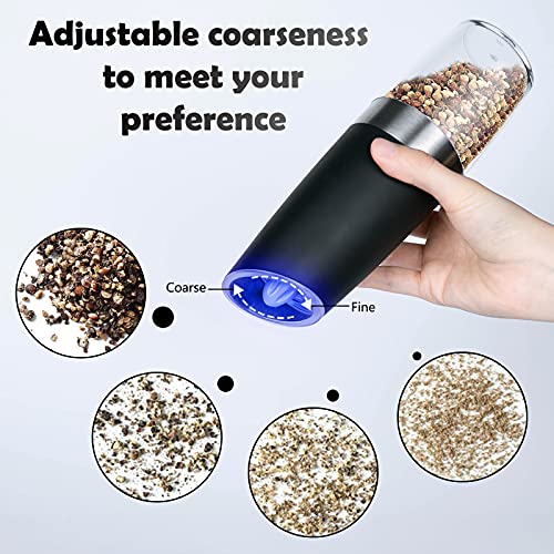 Electric Salt and Pepper Grinder Set, Gravity Sensor, Automatic Pepper Mill, One Hand Operation, Battery-Operated with Adjustable Coarseness, Blue Led Light (Black 2 Pack)