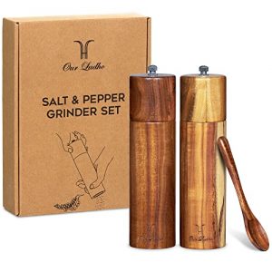 Wooden Salt And Pepper Grinder Set - 8" Acacia Wood Mill Set - Durable Ceramic Grinding Mechanism - Refillable Wood Salt And Pepper Grinder Set - Adjustable Coarseness Wood Pepper Grinder