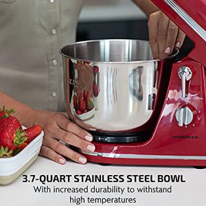 Ovente Electric Kitchen Stand Mixer with 3.7 Quart Portable Stainless Steel Mixing Bowl 6 Speed Control, 300 Watt Power 2 Blender Attachment Beater & Dough Hook Easy for Whip Mix & Blend, Red SM880RI
