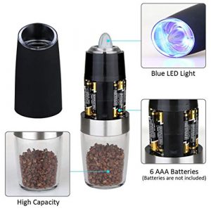 Electric gravity pepper grinder or salt grinder with adjustable thickness, automatic pepper grinder battery, with blue LED light, DLD one-hand operation, brushed stainless steel (1 piece Black)