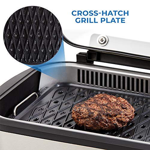 PowerXL Smokeless Grill with Tempered Glass Lid with Interchanable Griddle Plate and Turbo Speed Smoke Extractor Technology. Make Tender Char-grilled Meals Inside With Virtually No Smoke (Stainless Steel Pro with Hinged Lid)