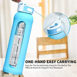 32 oz Glass Water Bottle with Light Blue Silicone Sleeve, 1l Glass water bottle with Straw & Wide Mouth Make Drink More, Best Reusable Leak Proof BPA Free Water Bottles Hit Water Goals