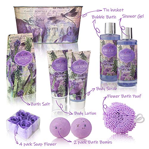 Relaxing Bath Gift Set for Women - Lavender and Rosemary Aromatherapy Basket at Home Spa Kit – Mothers day Birthday Holiday Gift Ideas for Mom - 13 Pack with Bubble Bath Bombs Show Gel Body Lotion