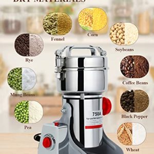 750g Commercial Spice Grinder Electric Grain Mill Grinder 2600W High Speed Pulverizer, Stainless Steel Swing Type Dry Mill Machine for Kitchen Pepper Coffee Corn