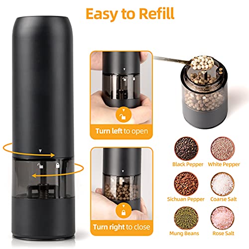 AgoKud Electric Pepper Grinder USB Rechargeable, Automatic Pepper and Salt Mill Grinder with LED Light, Quick Charging Grinder, Adjustable Coarseness, One Hand Operation