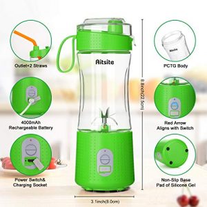 Aitsite Portable Blender, Personal Mixer Fruit Rechargeable USB with 2 Straws, Mini Blender for Smoothie, Fruit Juice, Milk Shakes 380ml, Six 3D Blades for Great Mixing (Green)