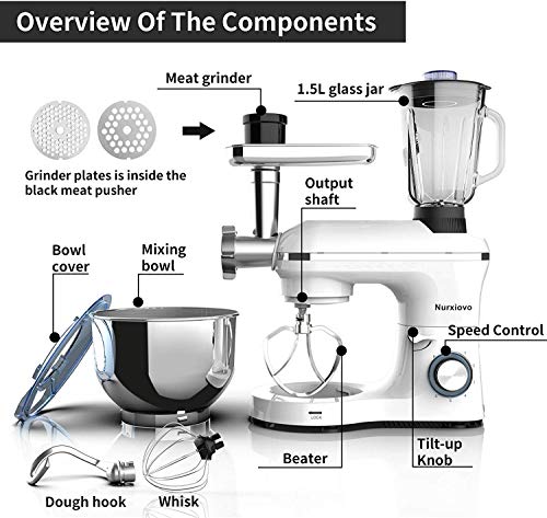 Nurxiovo 3 in 1 Stand Mixer 850W Kitchen Food Standing Mixer with 6 Speed and Pulse, Home mixer with 6.5 QT Stainless Steel Bowl, Dough Hook, Whisk, Beater, Meat Blender and Juice Extracter White