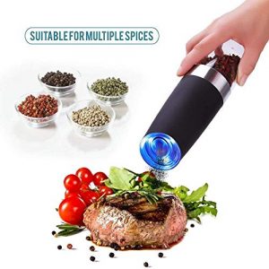 Electric gravity pepper grinder or salt grinder with adjustable thickness, automatic pepper grinder battery, with blue LED light, DLD one-hand operation, brushed stainless steel (1 piece Black)