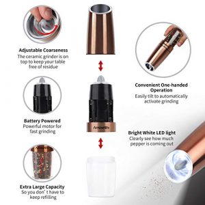 Gravity Electric Salt and Pepper Grinder Set【White Light】- Battery Operated Automatic Salt and Pepper Mills with Light,Adjustable Coarseness,One Handed Operation,Cleaning Brush,Copper by AmuseWit