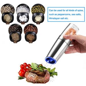 Gravity Electric Salt and Pepper Grinder Set, Automatic Pepper and Salt Mill Grinder,Battery-Operated with Adjustable Coarseness, Premium Stainless Steel with LED Light, One Hand Operated