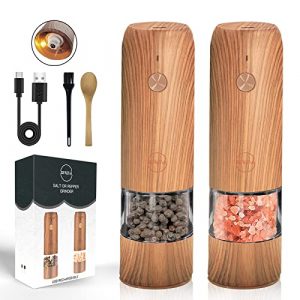 Electric Salt and Pepper Grinder Set USB Rechargeable - Wooden Color, USB Type-C Cable, LED Lights, Automatic Pepper Mill Refillable, Adjustable Coarseness Shakers, One Hand Operation