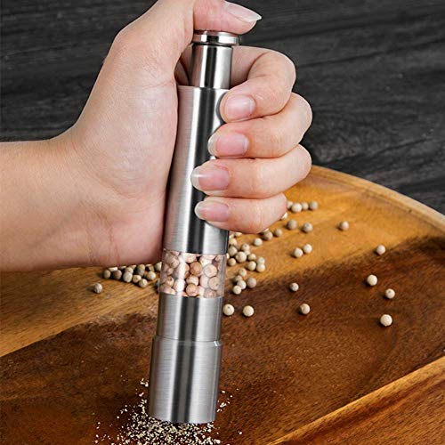 [Set of 2] Premium Stainless Steel Salt Grinder & Pepper Mill Set for Peppercorns Sea Salt Himalayan Salt and Spices, Thumb Push Button for 1 Hand Operation