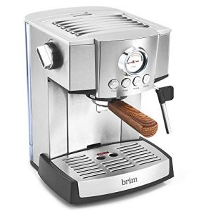 brim 15 Bar Espresso Machine, Cappuccino, Americano, Latte and Espresso Maker, Milk Steamer and Frother, Removable Parts for Easy Cleaning, Stainless Steel/Wood Accents, wood finish handle (50030)