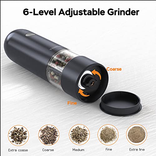 TOMEEM Electric Salt & Pepper Grinder Set (2 pcs) with 6-Level Adjustable Coarseness, Easily One-Hand Operated Rechargeable Salt Grinder & Pepper Mill with Bright LED Lights for Kitchen, Camping, Gift