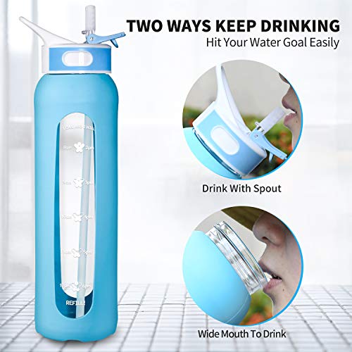 32 oz Glass Water Bottle with Light Blue Silicone Sleeve, 1l Glass water bottle with Straw & Wide Mouth Make Drink More, Best Reusable Leak Proof BPA Free Water Bottles Hit Water Goals