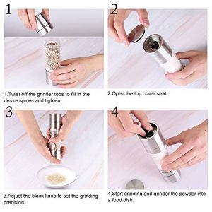 Mixoo Salt and Pepper Grinder - 2 in 1 Manual Stainless Steel Salt Pepper Mill Herb Spice Grinder Shakers Refillable with Adjustable Coarseness Ceramic Rotor and Dual Clear Acrylic Chamber