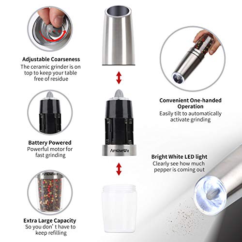 Gravity Electric Salt and Pepper Grinder Set【White Light】- Battery Operated Automatic Salt and Pepper Mills,Adjustable Coarseness,One-Handed Operation,Utility Brush,Stainless Steel by AmuseWit