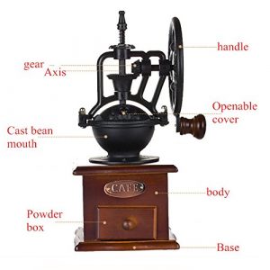 MOON-1 Manual Coffee Grinder Antique Cast Iron Hand Crank Coffee Mill With Grind Settings & Catch Drawer ，120 x 120 x 260mm.