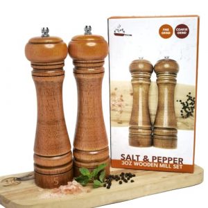 Wooden Salt and Pepper Grinder Set - 8" Manual Wood Pepper Mill and Salt Grinder - Adjustable Coarseness Salt and Pepper Grinders Refillable With Cleaning Brush - Salt Pepper Mill Shaker Set for Gift