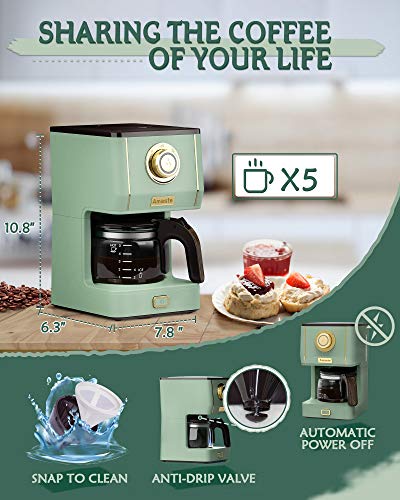 Amaste Drip Coffee Maker, Coffee Machine with 25 Oz Glass Coffee Pot, Retro Style Coffee Maker with Reusable Coffee Filter & Three Brewing Modes, 30minute-Warm-Keeping, Matcha Green