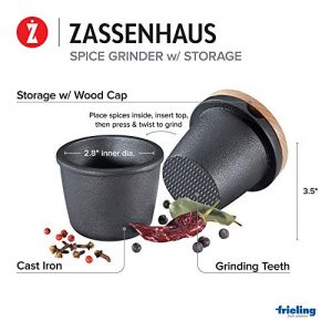 Zassenhaus Cast Iron Spice Grinding Set with Beech Wood Lid, 3" Grinder, Black