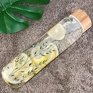 Ferexer 32 oz Glass Water Bottle with Straw, Borosilicate Glass Bottle with Bamboo Lid and Neoprene Sleeve (Leaves)